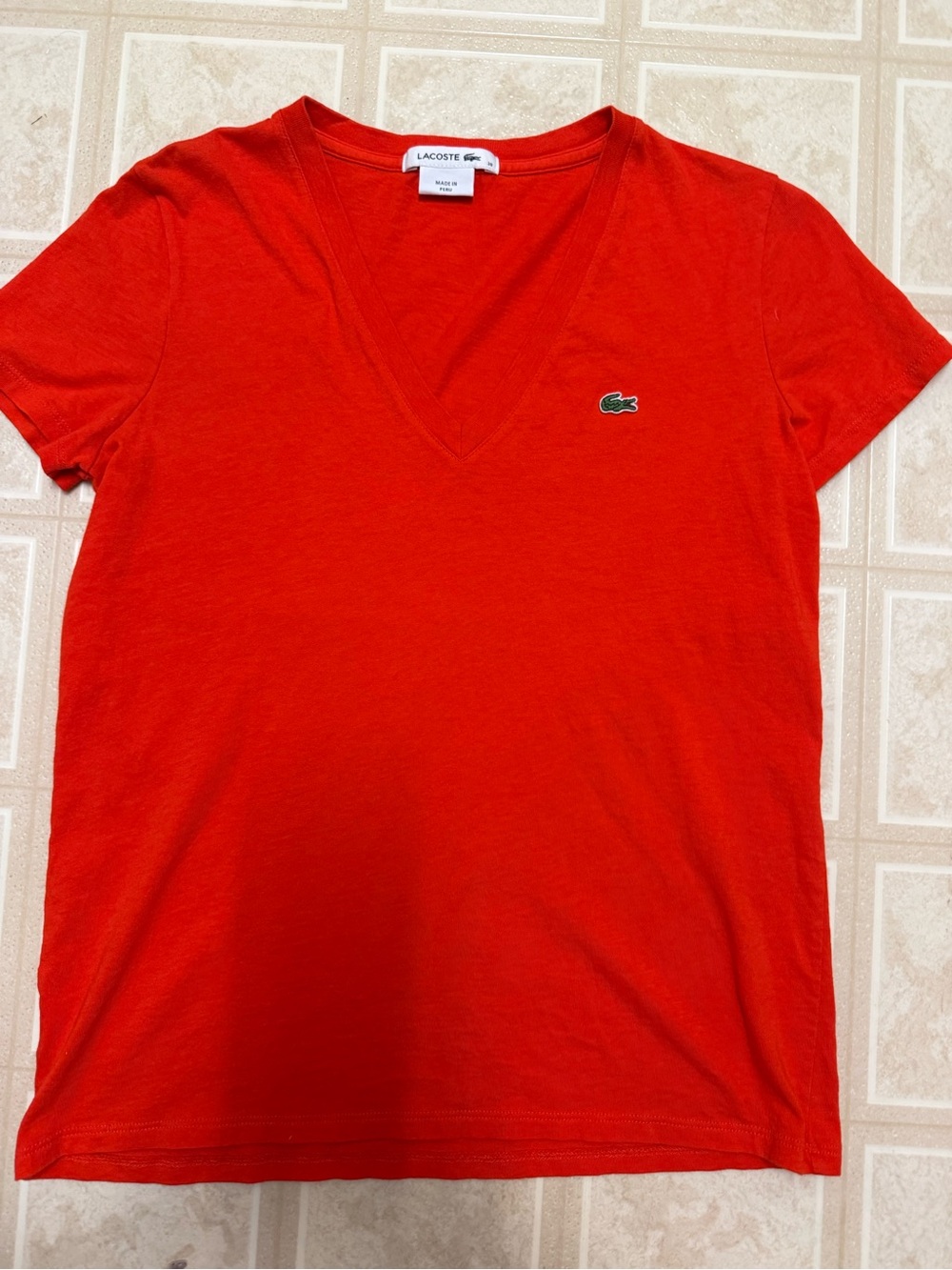 Lacoste Short-Sleeve V-Neck Tee in Bright Red with Crocodile Logo